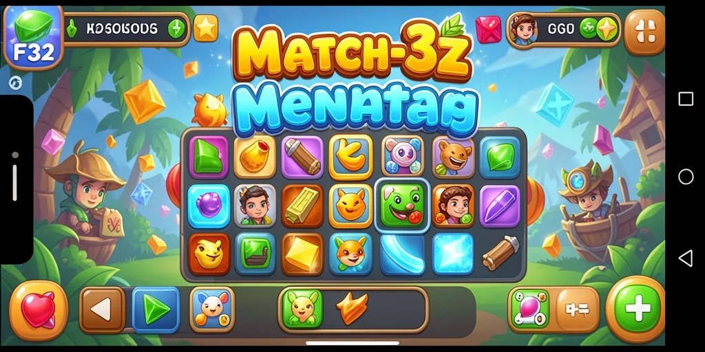 Screenshot F32 menunjukkan gameplay Match-3 yang menantang dan penuh warna.