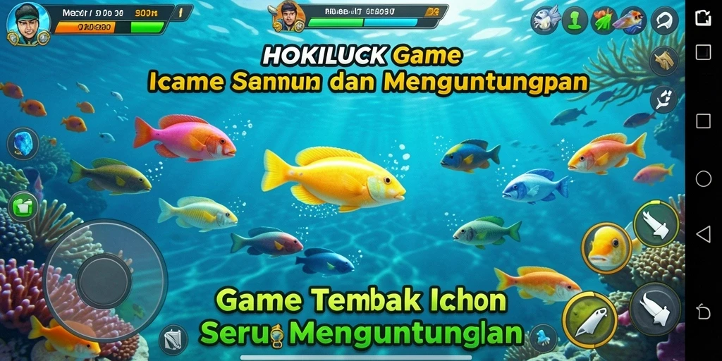 Tampilan gameplay HOKILUCK saat menembak ikan beragam dan menarik.