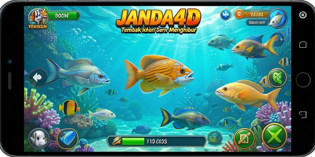 Gameplay seru dengan berbagai jenis ikan yang menunggu untuk ditembak.