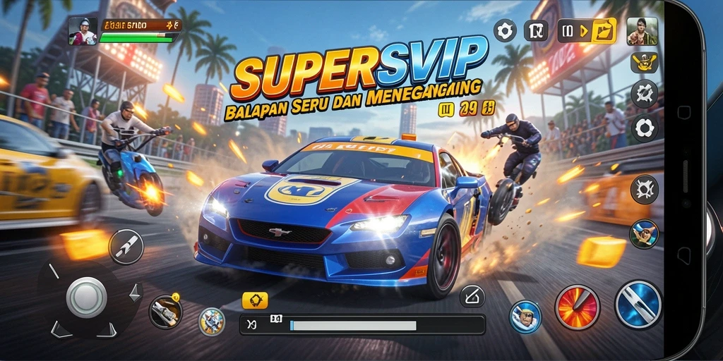 Gameplay seru dan penuh aksi dalam balapan SUPERSVIP.